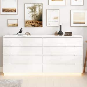 High Gloss White Wood 8-Drawer Chest of Drawers Storage Organizer With LED Lights (63 in. W x 30.9 in. H x 15.7 in. D)