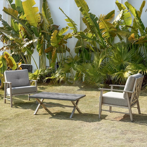Vintage Gray 3-Piece Aluminum Outdoor Piato Conversation Sofa Set with Coffee Table and Grey Cushions