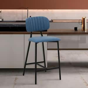 26 in. Light Blue Low Back Metal Bar Stool with Faux Leather Seat