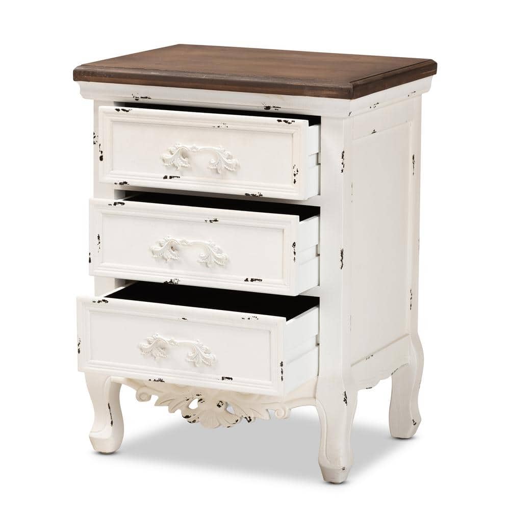 Levron Antique White and Walnut Brown 3-Drawer Solid Wood Nightstand