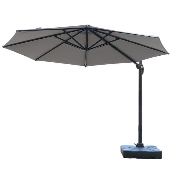 Mondawe 11 ft. Solar LED Cantilever Umbrella Patio Market Umbrella with Crank and Base in Gray