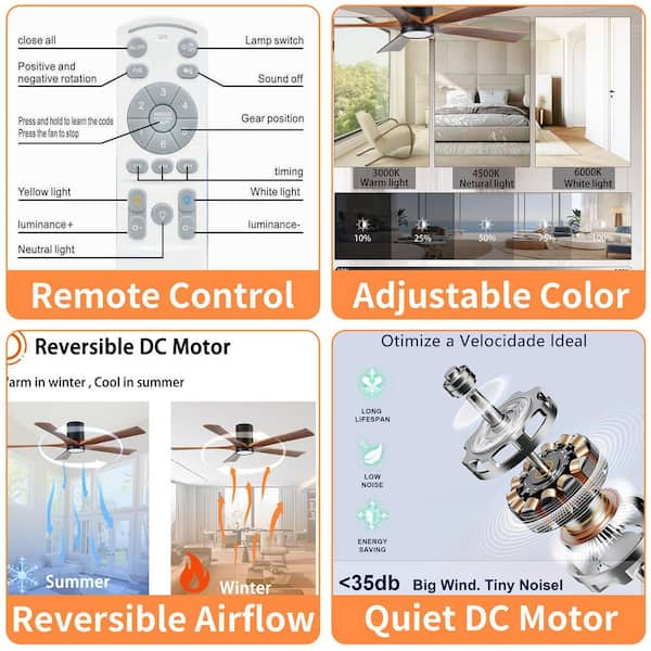 60 in. Flush Mount Ceiling Fan with Light, 5 Brown Solid Wood Blades, Quiet Reversible DC Motor,Dimmable LED,Remote,APP