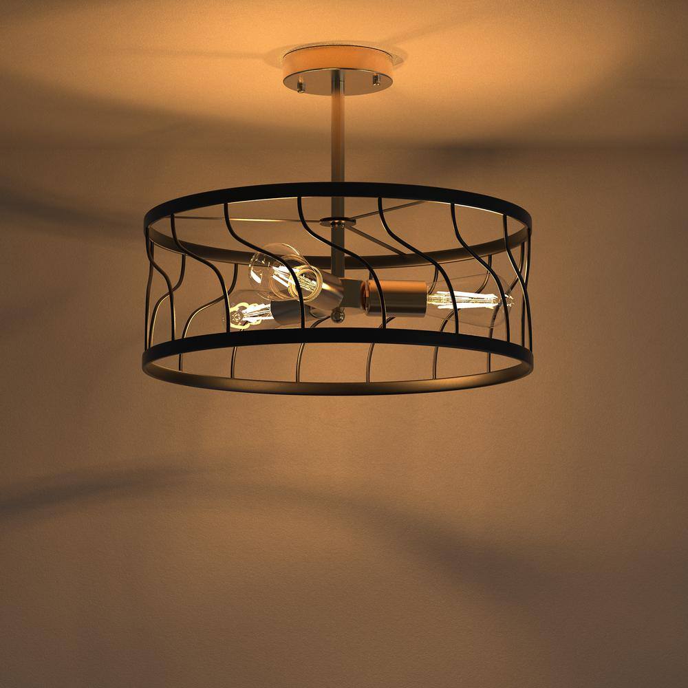 Black and Gold Metal Drum Semi-Flush Mount Ceiling Light