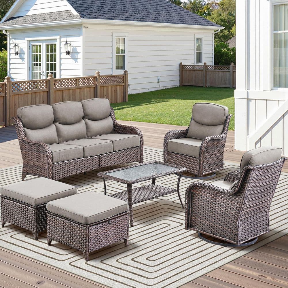 Moonluxe 6-Piece Brown Swivel Glider Wicker Patio Conversation Set with Gray Olefin 6 in. Thick Cushions/Ottomans price history on PriceWatchPro