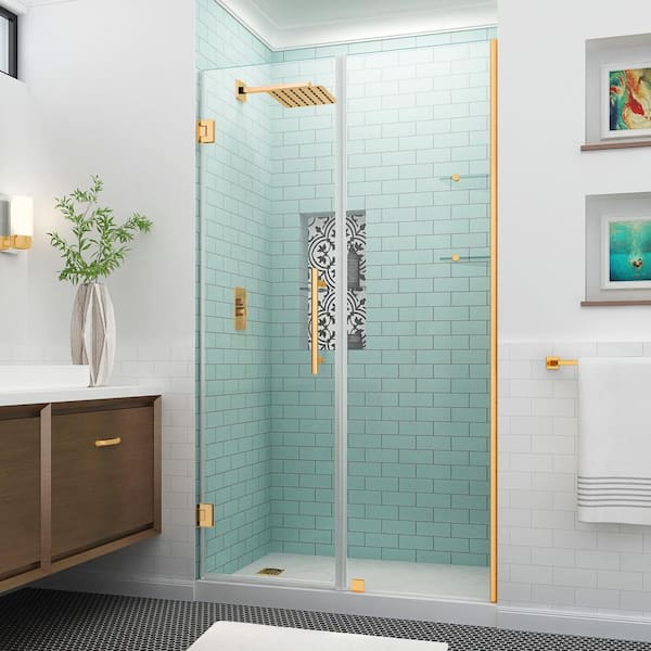 Aston BelmoreGS 45.25 in. to 46.25 in. W x 72 in. H Frameless Hinged Shower Door with Glass Shelves in Brushed Gold