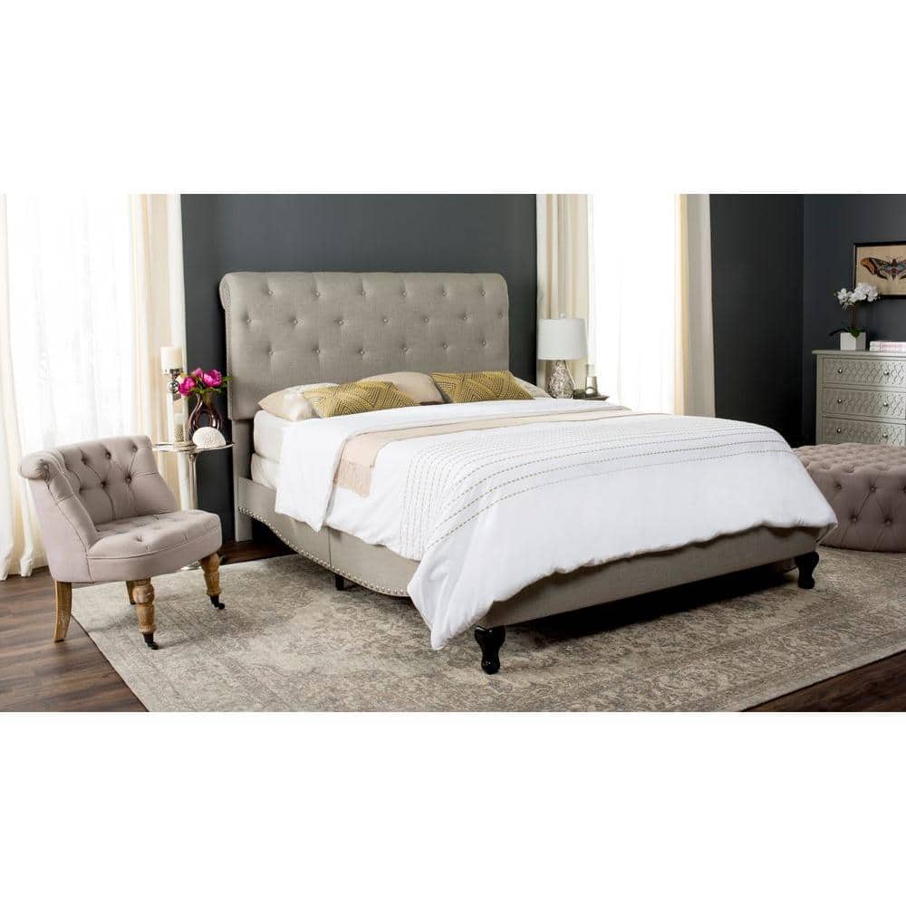 Transitional Beige Linen Full Platform Bed with Tufted Nailhead Headboard