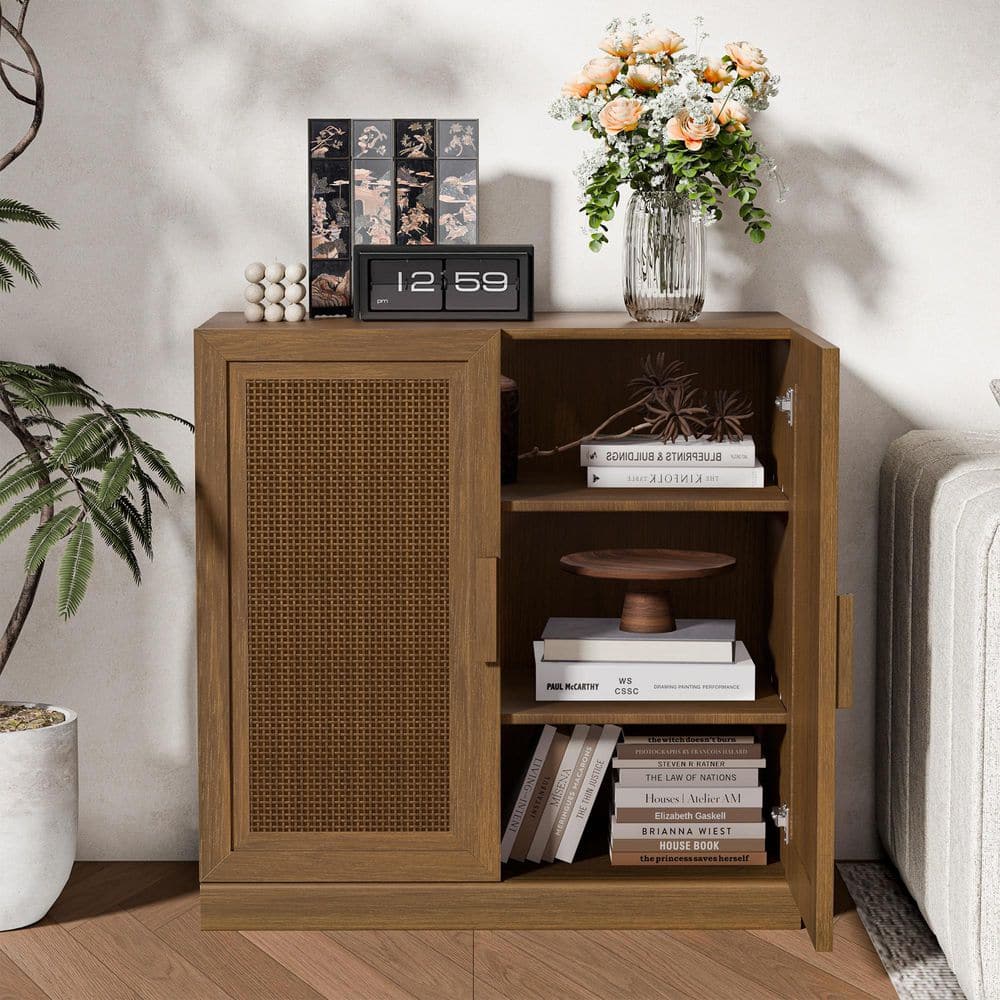 Walnut Wooden 31 in. H Storage Cabinet with Adjustable Shelves China Cabinet Display Cabinet