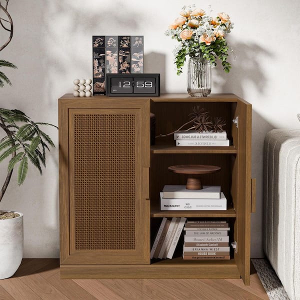 Walnut Wooden 31 in. H Storage Cabinet with Adjustable Shelves China Cabinet Display Cabinet