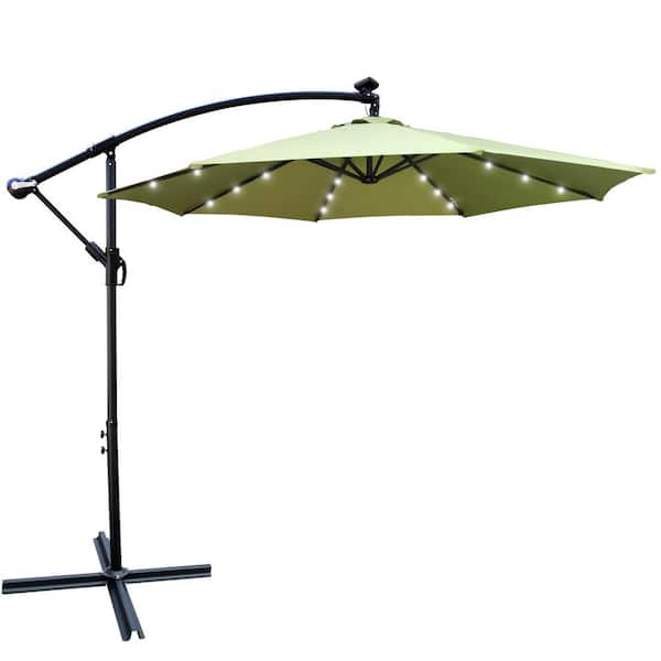 Runesay 10 ft. Outdoor Patio Beach Market Solar Powered LED Lighted Umbrella in Lime Green with 8 Ribs Crank and Cross Base