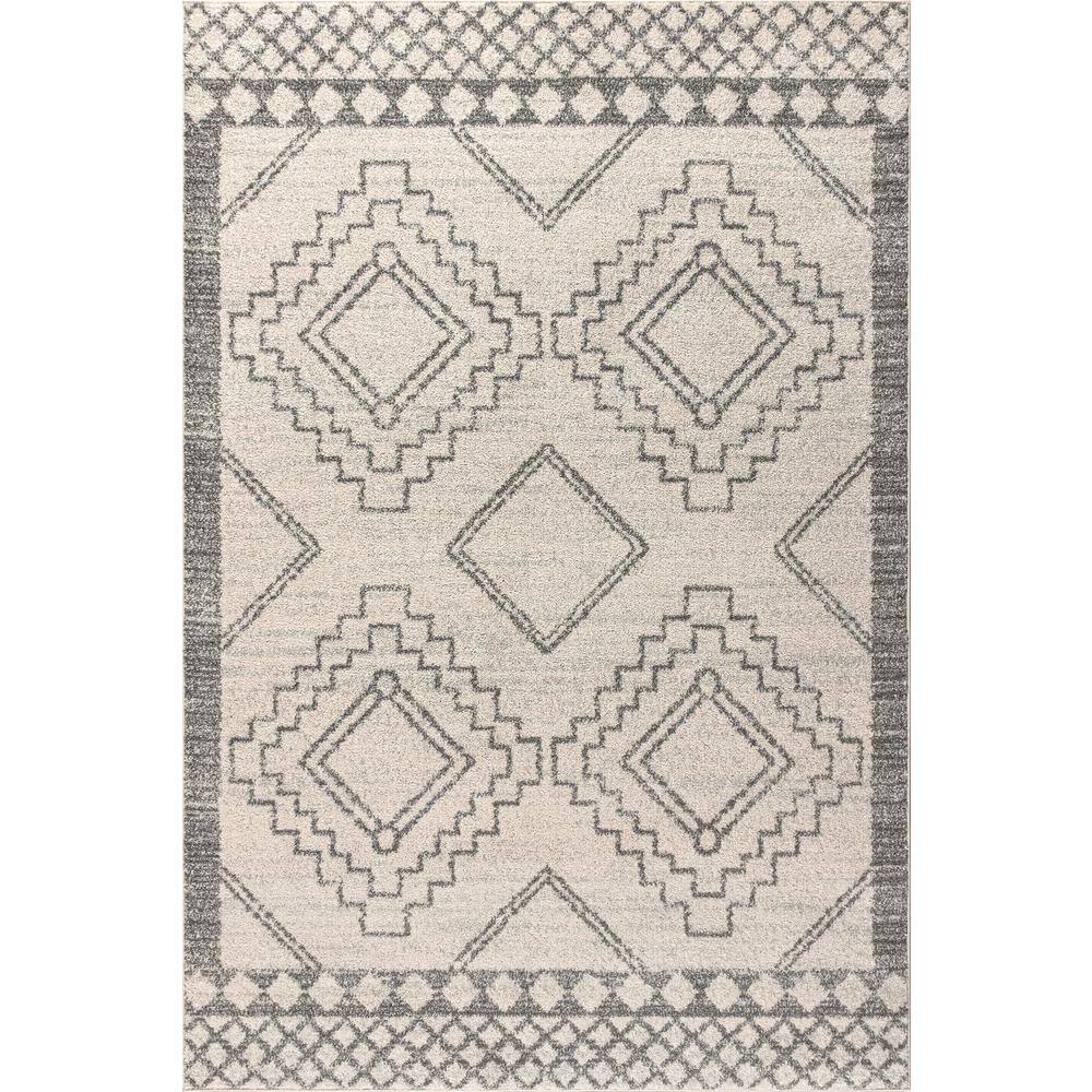 Cream and Gray Geometric Synthetic Square Area Rug