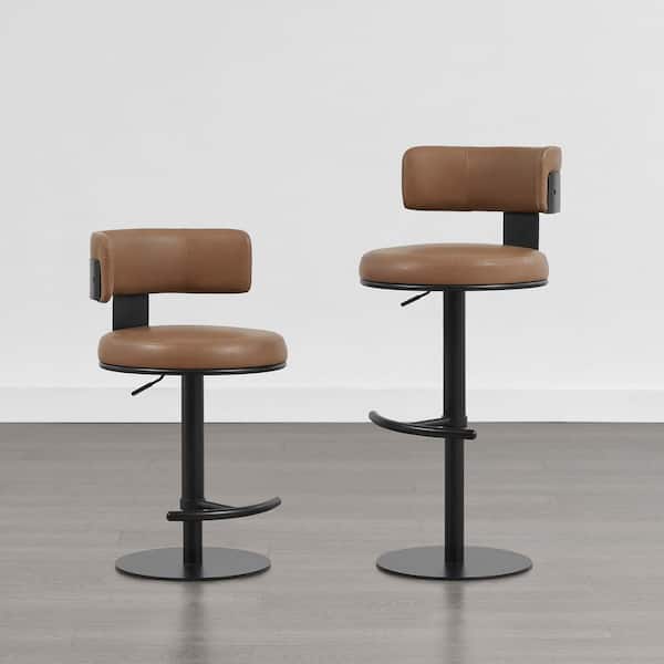 Zane Saddle Brown Faux Leather Gas Lift Adjustable Swivel Barstool with Backrest for Kitchen or Home Bar (Set of 2)