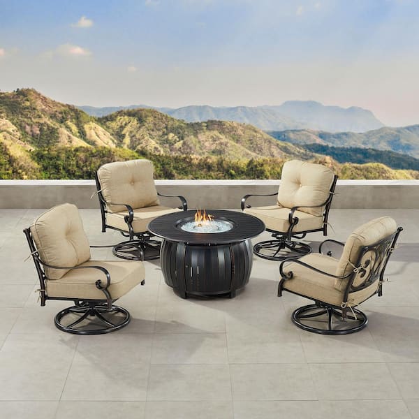Oakland Living Black 5 Piece Aluminum Patio Fire Pit Table Set with 4 Club Chairs with Tan Cushions