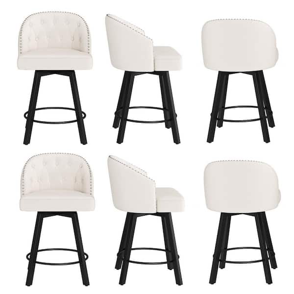 LUE BONA 26in. Beige Fabric Upholstered Metal Frame Counter Height Swivel Bar Stools With Matte Silver Rivets (Set of 6)