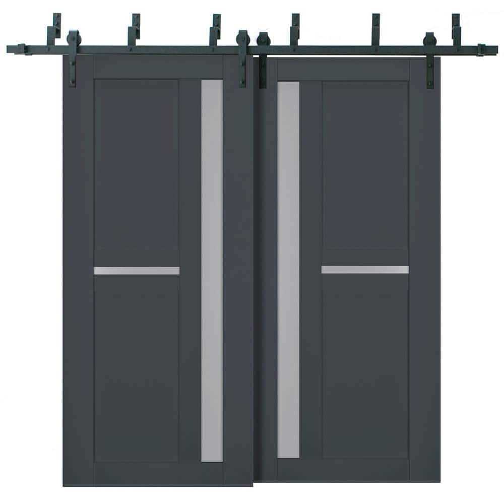 36 in. x 84 in. 2 Panel Frosted Glass Antracite Solid Wood Sliding Barn Door with Hardware Kit price history on PriceWatchPro