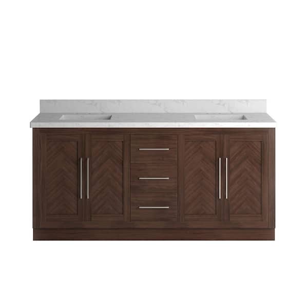 Vivian 72 in. Double Freestanding Bath Vanity in Dark Oak with Statuario Venato Marble Quartz Top and Square Sinks