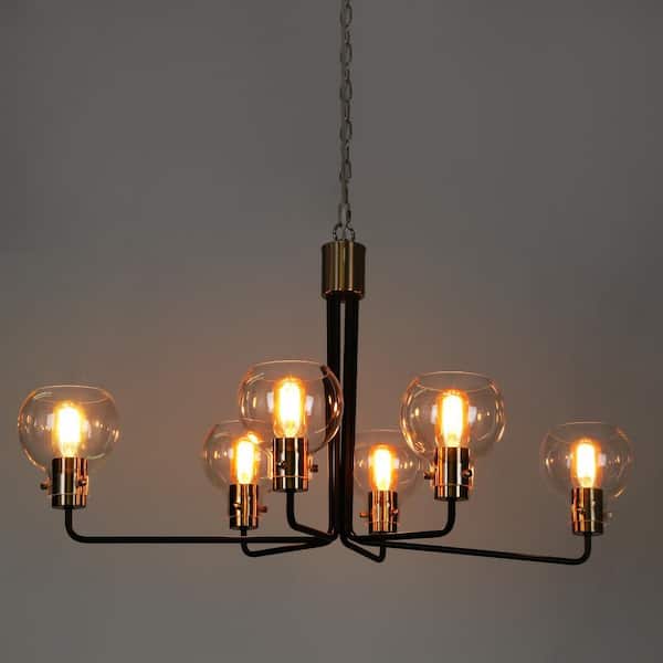 Modern Farmhouse 6-Light Brass Gold Chandelier Pendant Light with Clear Globe Glass, Black Hanging Pendant Lighting
