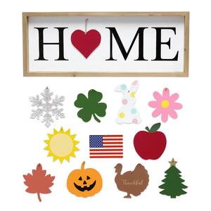 23 in. Natural Rustic Farmhouse Wooden Seasonal Interchangeable Symbol "Home" Frame with 12-Ornaments