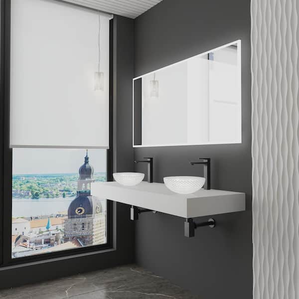 60 in. Wall Mounted Bathroom Countertop Shelf in White Solid Surface with 2 Clear Round Glass Vessel Sink