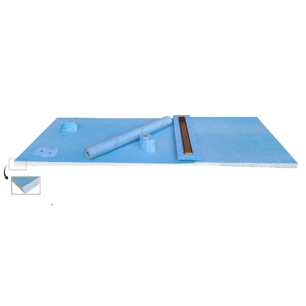 ALINO 36 in.W x 87.5 in.L or up to 36 in. x 60 in. Linear Waterproof Shower Kit, Pre slopped Pan w/30in Gold Off-center Drain