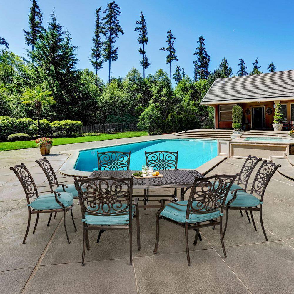 Hanover Traditions 9-Piece Blue Cushion Aluminum Outdoor Dining Set