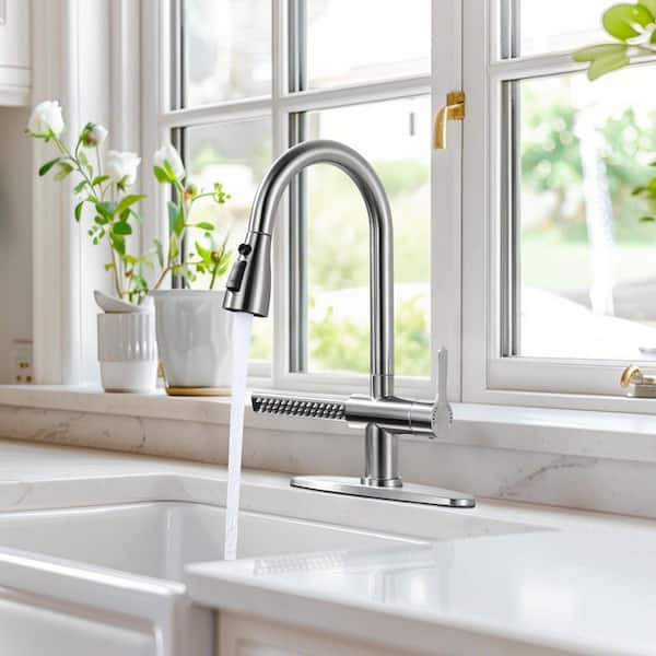 Brushed Nickel 15.7 in. Pull Down Sprayer Kitchen Faucet with 360° Swivel and Waterfall Spout
