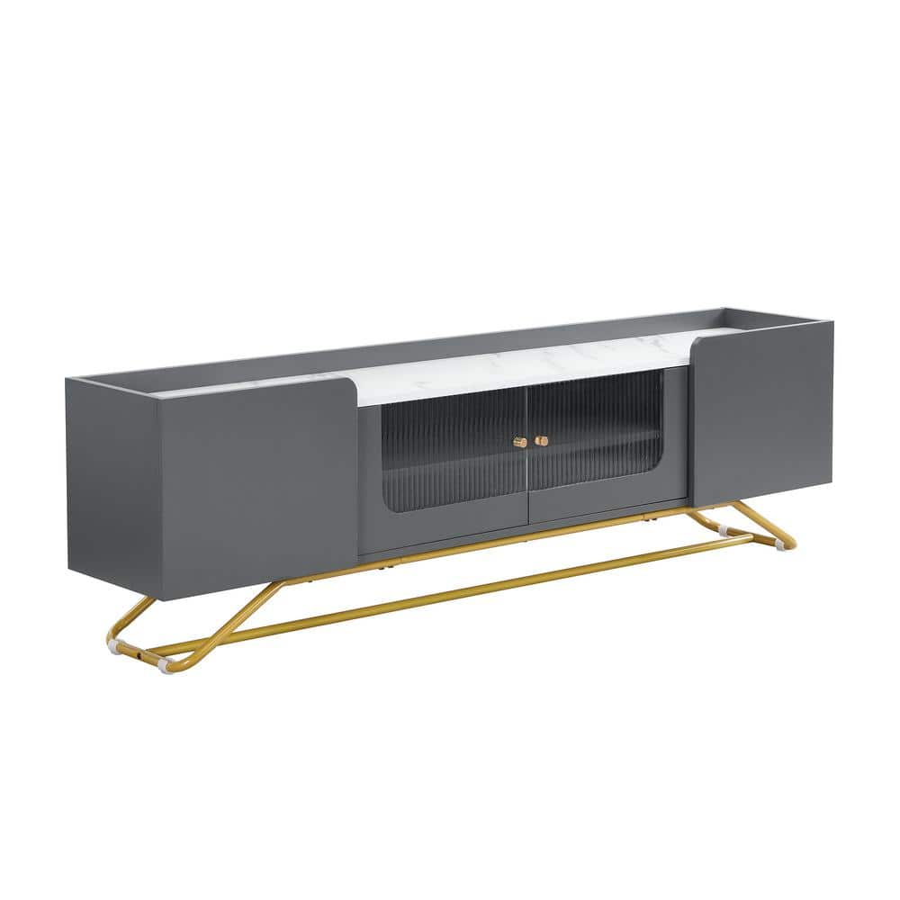 Gray Modern TV Stand with Fluted Glass, Faux Marble Top, and Gold Frame Base
