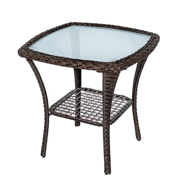Unbranded 20 in. All-Weather Patio Square Steel Outdoor Side Table, Indoor Outdoor Glass Top Wicker Coffee Bistro Table