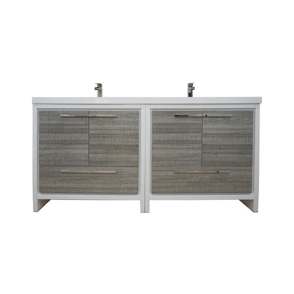 Moreno Bath Dolce 71 in. W Bath Vanity in High Gloss Ash Gray with Reinforced Acrylic Vanity Top in White with White Basins