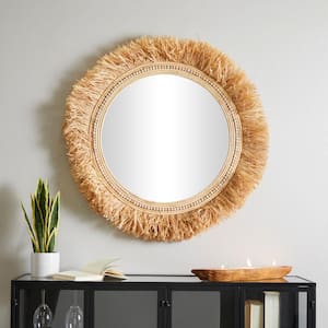 35 in. x 35 in. Round Framed Light Brown Wall Mirror with Fringe Detailing