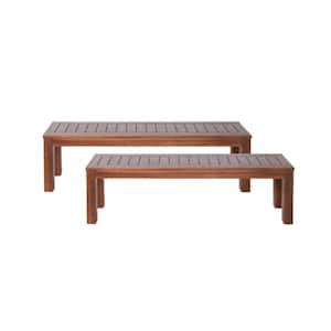 2-Piece Dark Brown Wood Outdoor Bench Ottoman for Patio, Balcony, Lawn, Backyard and Pool