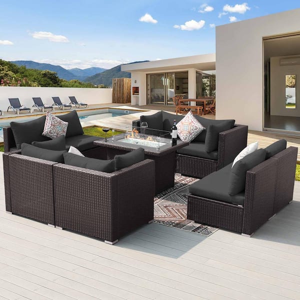 FINCATI 9 Piece Luxury Espresso Ratten Patio Fire Pit Conversation Sectional Deep Seating Sofa Set with Grey Cushions