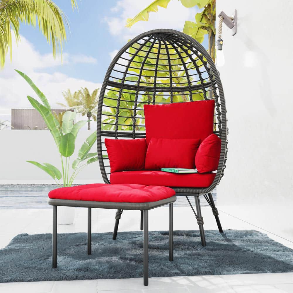 Brown PE Rattan Wicker Egg Chair with Red Cushion and Footrest, Outdoor Lou