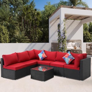 Black 7-Piece Wicker Patio Conversation Set with Red Cushions