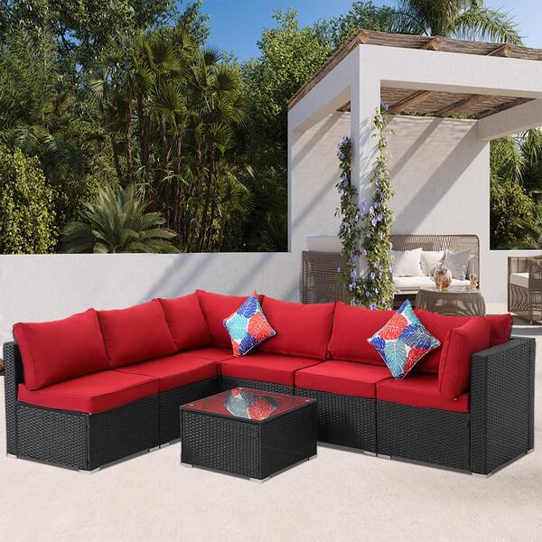 Cesicia Black 7-Piece Wicker Patio Conversation Set with Red Cushions