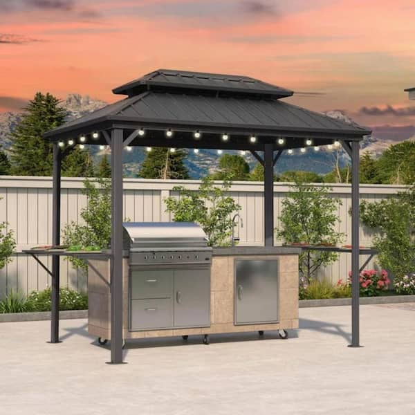 6 ft. x 9 ft. Hardtop Grill Gazebo for Patio Aluminum Barbecue Shelter Gazebo, Hooks, Shelves Double Tiered 12-Ligths
