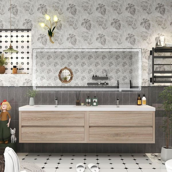 Louis 84 in. W x 20 in. D x 22 in. H Double Sink Floating Bath Vanity in White Oak with White Acrylic Top