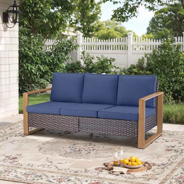 Opohoro Gray Wicker Outdoor Couch, Rattan 3-Seat Sofa with