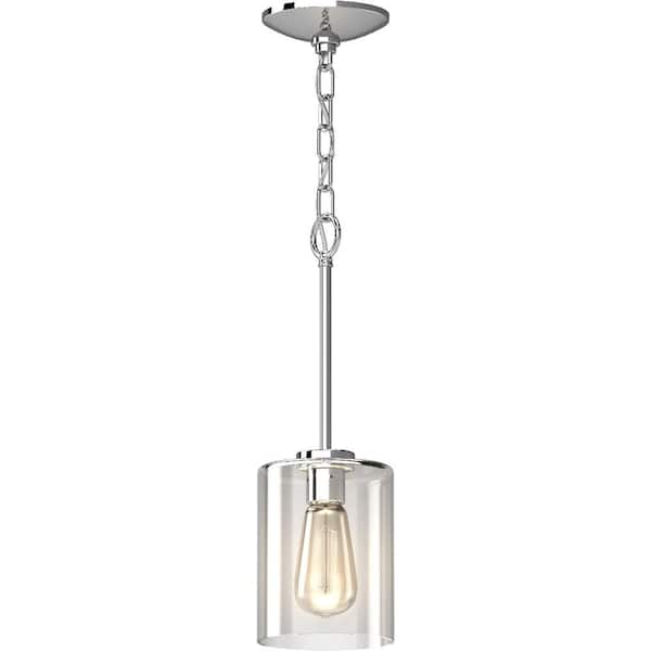 1-Light Chrome Indoor Mason Jar Mini Pendant with Clear Glass Cylindrical Shade