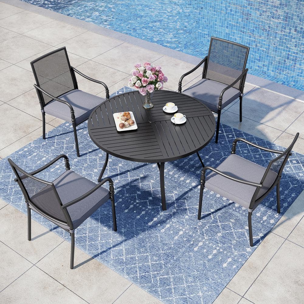 Black 5-Piece Metal Patio Outdoor Dining Sets with Stamped Round Table and Gourd-Shaped Chairs with Gray Cushions -  PHI VILLA, THD5-409162MS