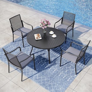 Black 5-Piece Metal Patio Outdoor Dining Sets with Stamped Round Table and Gourd-Shaped Chairs with Gray Cushions