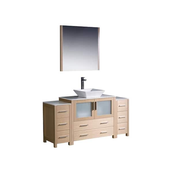 Fresca Torino 60 in. Vanity in Light Oak with Glass Stone Vanity Top in White with White Basin and Mirror