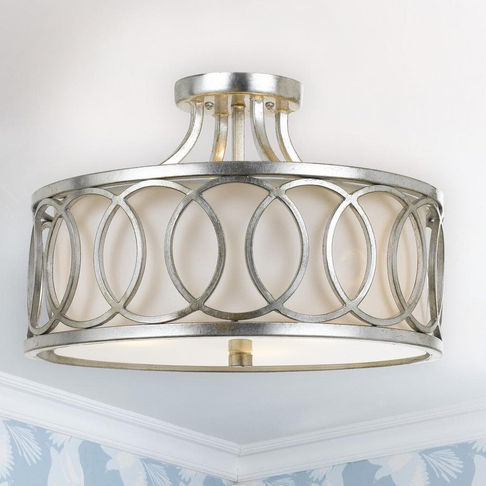 Graham Antique Silver 3-Light Flush Mount with White Silk Shade