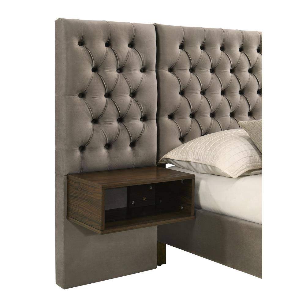 Light Brown Velvet Upholstered Queen Platform Bed with Tufted Headboard