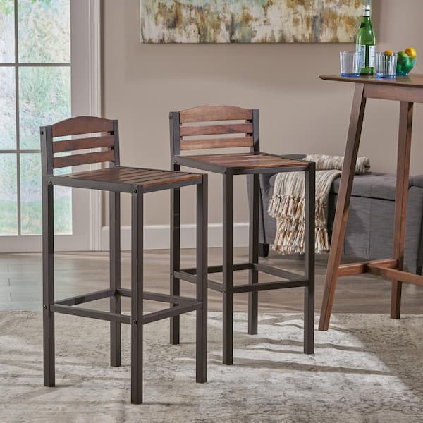 Noble House Lilith 30 in. Dark Brown Acacia Wood Bar Stools with Rustic Metal Frames (Set of 2)