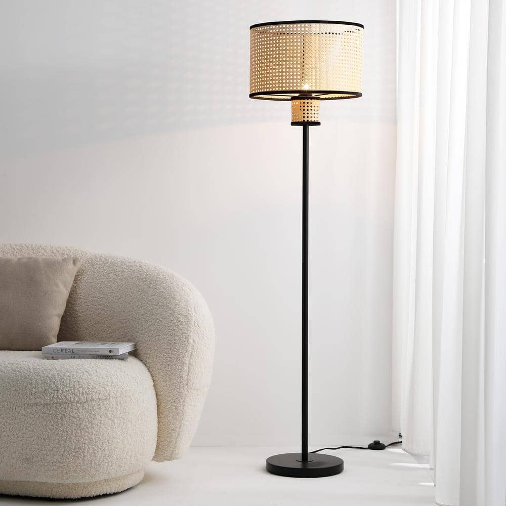 Nakuv 17'' Black Metal and Rattan Floor Lamp with USB Port
