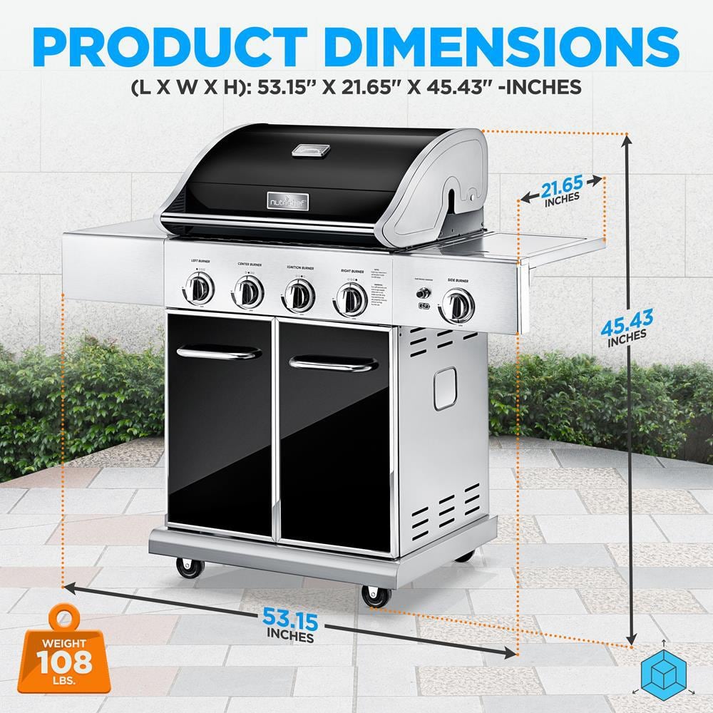 NutriChef Stainless Steel 5-Burner Propane Gas Grill with Side Burner