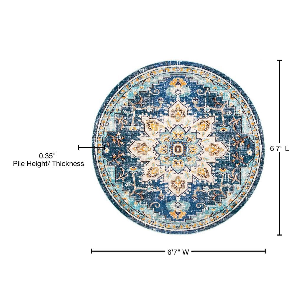Blue and Light Blue Round Synthetic Non-slip Area Rug