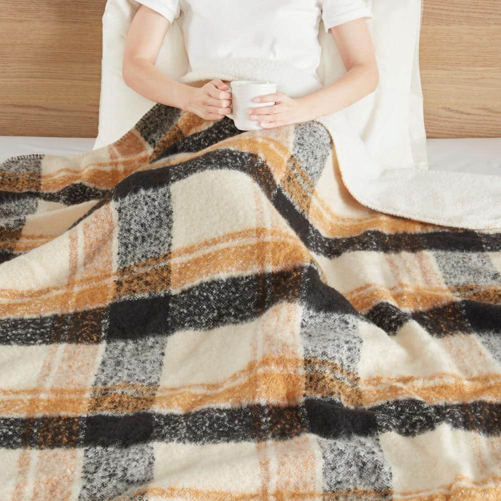 50"x60" Tan Plaid Faux Mohair Sherpa Reversible Throw Blanket