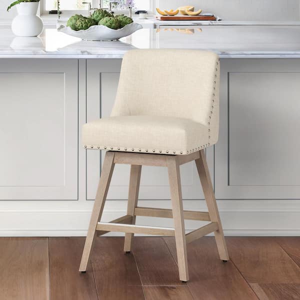 OrangeOne 26 in. Wood 360° Free Swivel Upholstered Bar Stool with Back, Performance Fabric in Beige