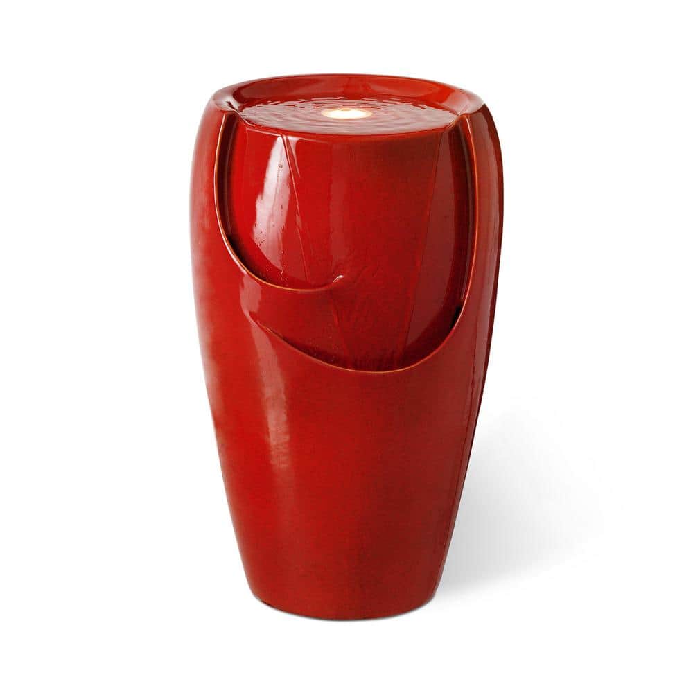 21.25" Red Ceramic Pot Fountain with LED Light